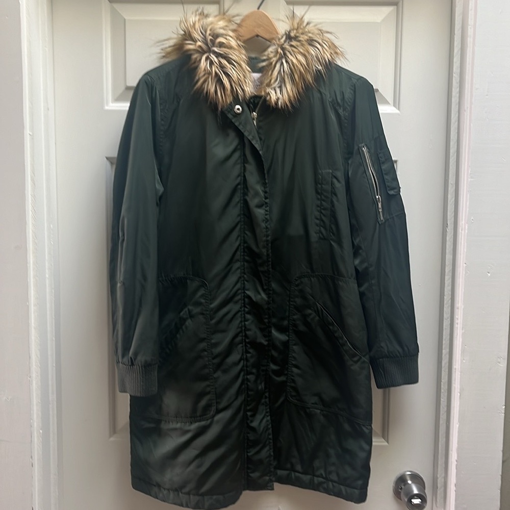 BB Dakota size small green utility jacket with faux fur lined hood